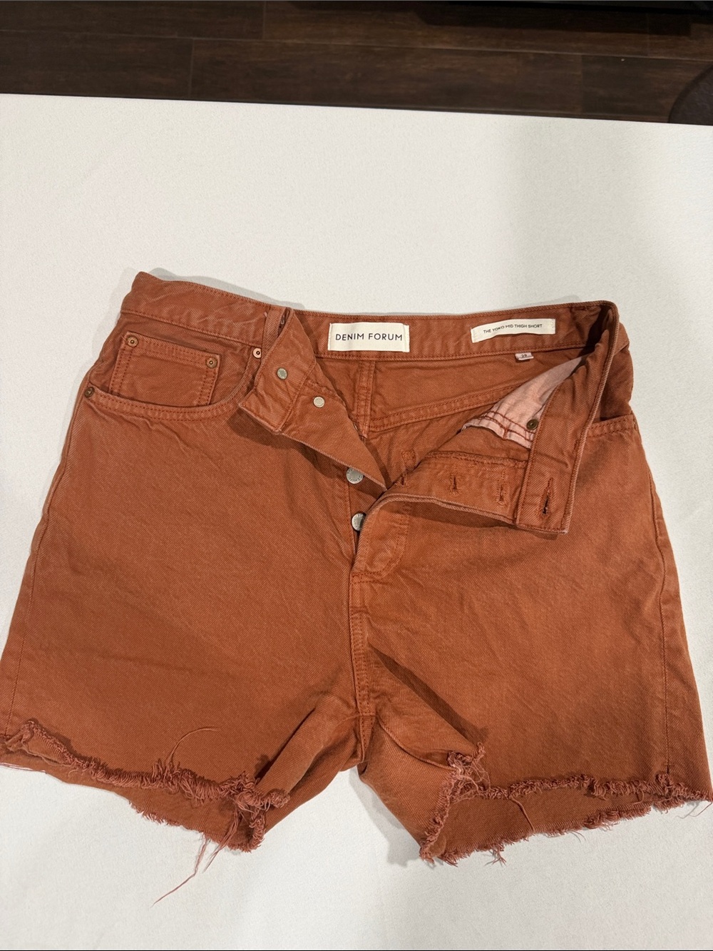 Yoko Mid Thigh Denim Forum Rust Orange Distressed Hem Women's Jean Shorts